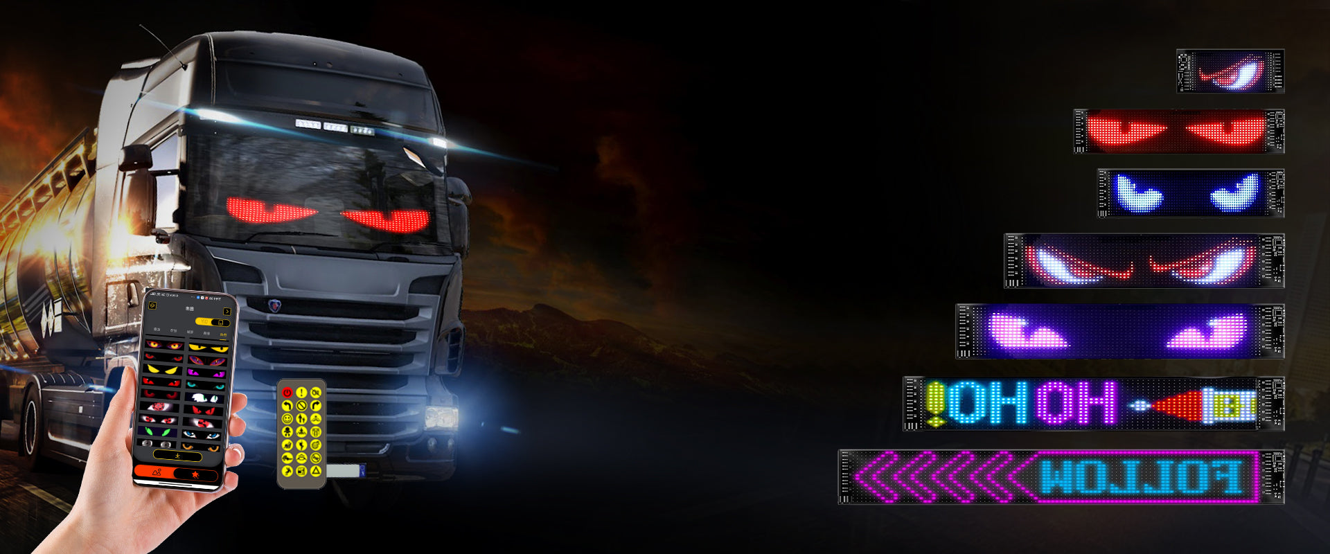 LED_truck_display_with_animated_eye_patterns_and_text_controlled_via_smartphone_and_remote_enhancing_vehicle_customization_and_visibility.