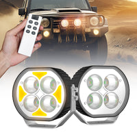72W LED Driving Light with Multi-Color Halo & Remote showing dual lights with remote and off-road vehicle background.
