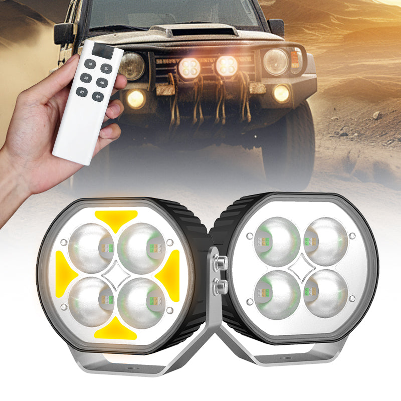 72W LED Driving Light with Multi-Color Halo & Remote showing dual lights with remote and off-road vehicle background.