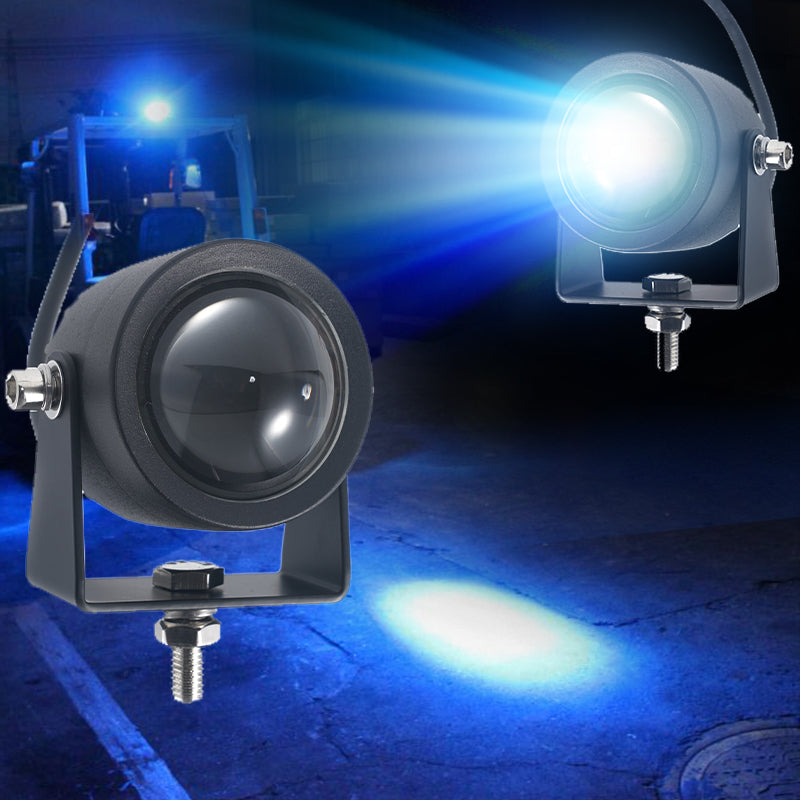 Forklift LED Safety Warning Light projecting bright blue beam to prevent accidents in warehouses and industrial areas.