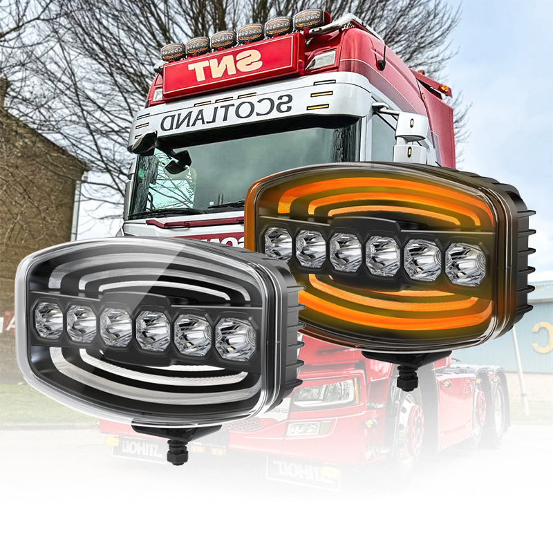 LED Truck Driving Lights with Dual Amber & White DRL for Visibility showing white and amber halo options.