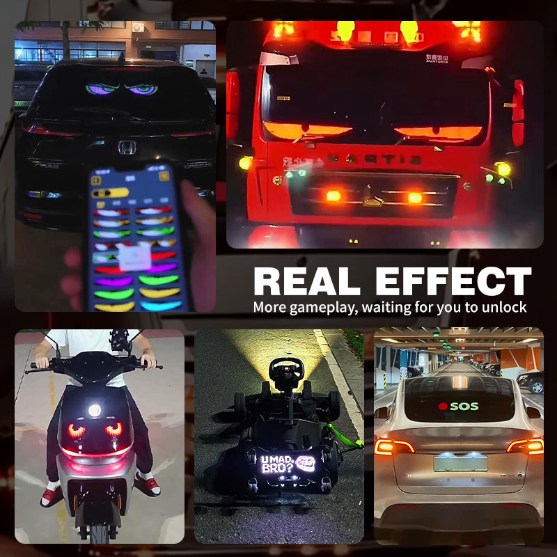 Animated LED Eye Display Panel – Multi-Vehicle Custom Light Screen showing colorful, programmable car and bike LED displays.