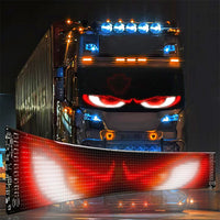 Animated LED Eye Display Panel – Multi-Vehicle Custom Light Screen showing fierce red and white LED eyes on a truck front.