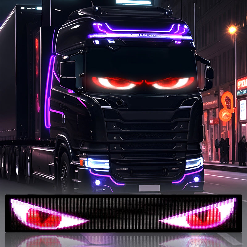 Animated LED Eye Display Panel – Multi-Vehicle Custom Light Screen showing red eyes on a truck at night.