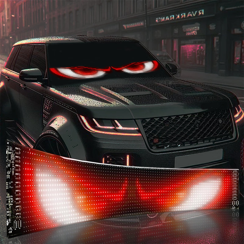Animated LED Eye Display Panel – Multi-Vehicle Custom Light Screen showing red glowing eyes on a black SUV windshield.