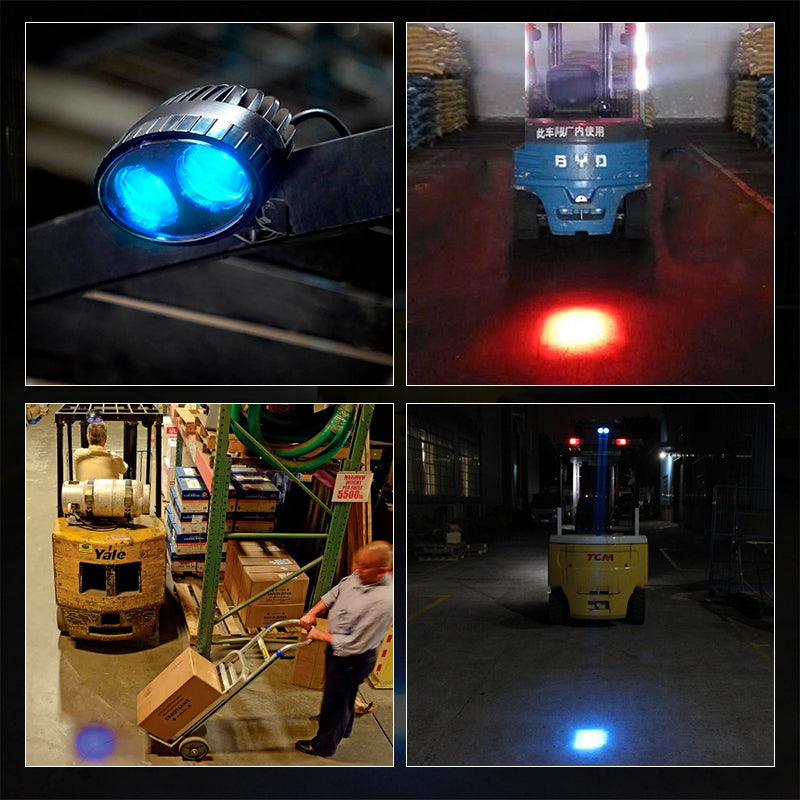 Blue forklift warning light illuminating path in dark environment