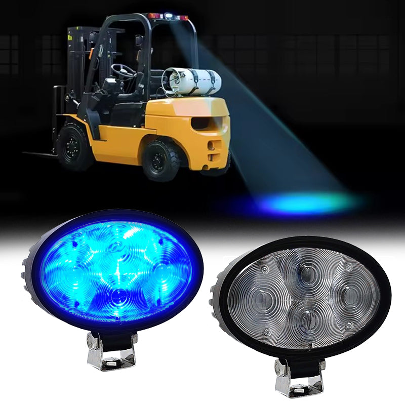 Blue warning light under moving forklift at night