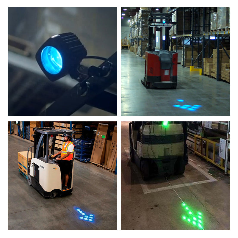 Close-up of LED safety arrow light in warehouse