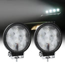Close-up of round LED work light with high-lumen beam
