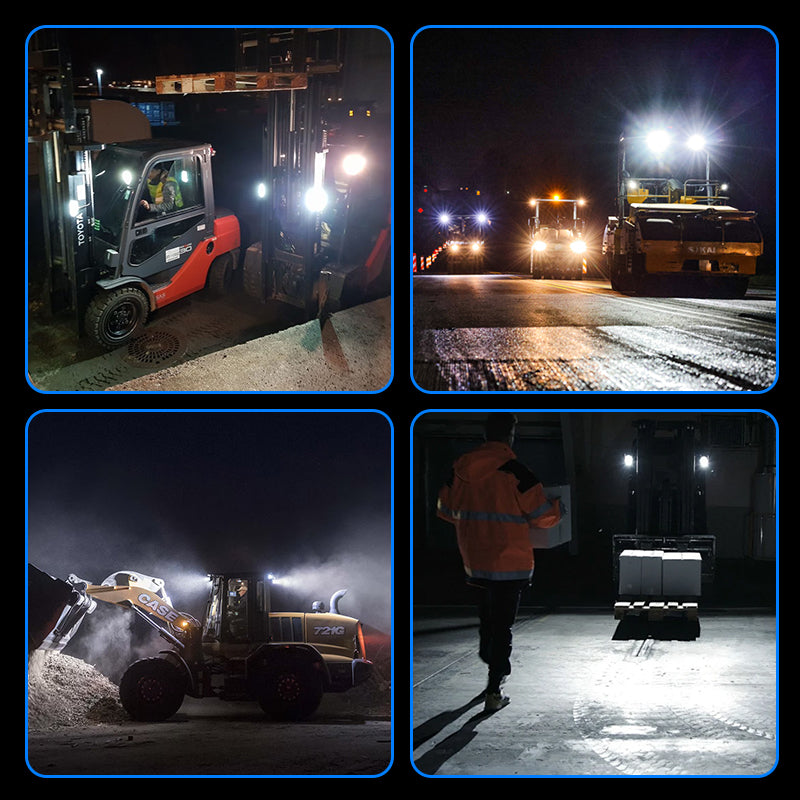 Front loader with LED work light in snowy area