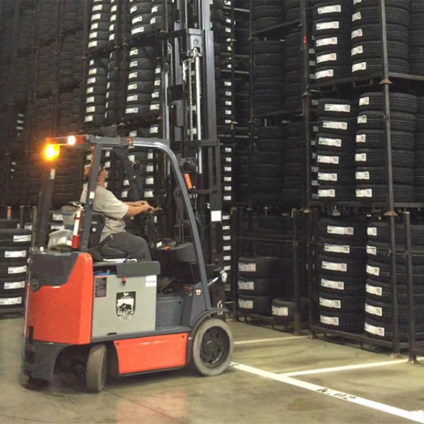 LED strobe light on forklift roof for visibility