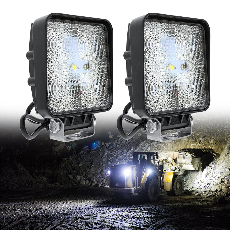 LED work light mounted on construction machinery at night