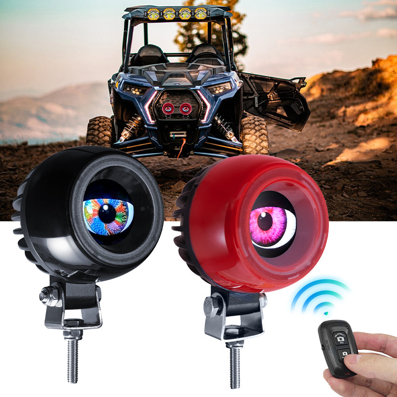 Pair of car eyes lights in black and red housings