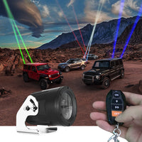 Red LED offroad light beam on Jeep in desert terrain