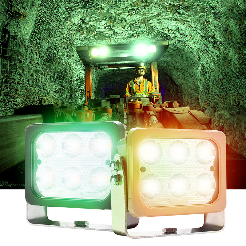 Square LED work light showing 7 different lighting modes