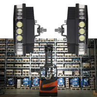 Three-sided LED work light installed on forklift in warehouse