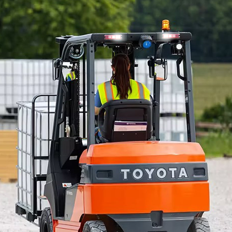 Warehouse forklift showing bright rear LED tail light