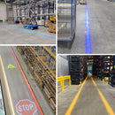 Yellow LED floor light showing warehouse walking path