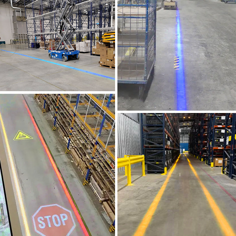 Yellow LED floor light showing warehouse walking path